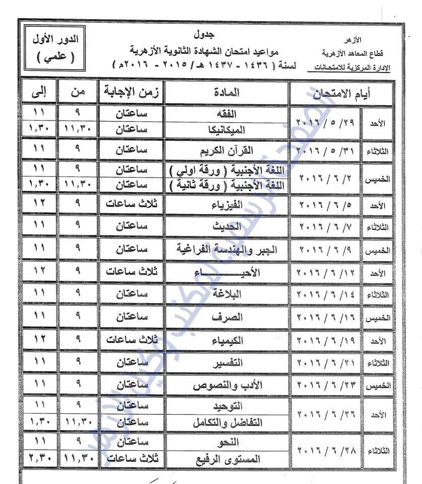 جدول الثانوية الازهرية المقترح - علمي