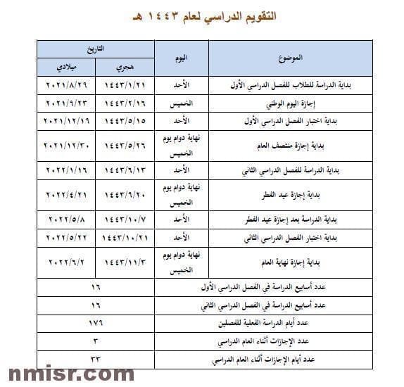 التقويم الدراسى من عام 1438 إلى عام 1443