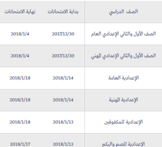 جداول امتحانات نصف العام الدراسى