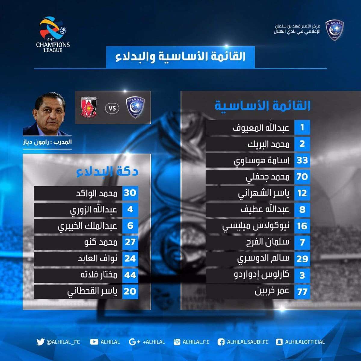 تشكيلة الهلال أمام اوراوا ريد دياموندز اليوم