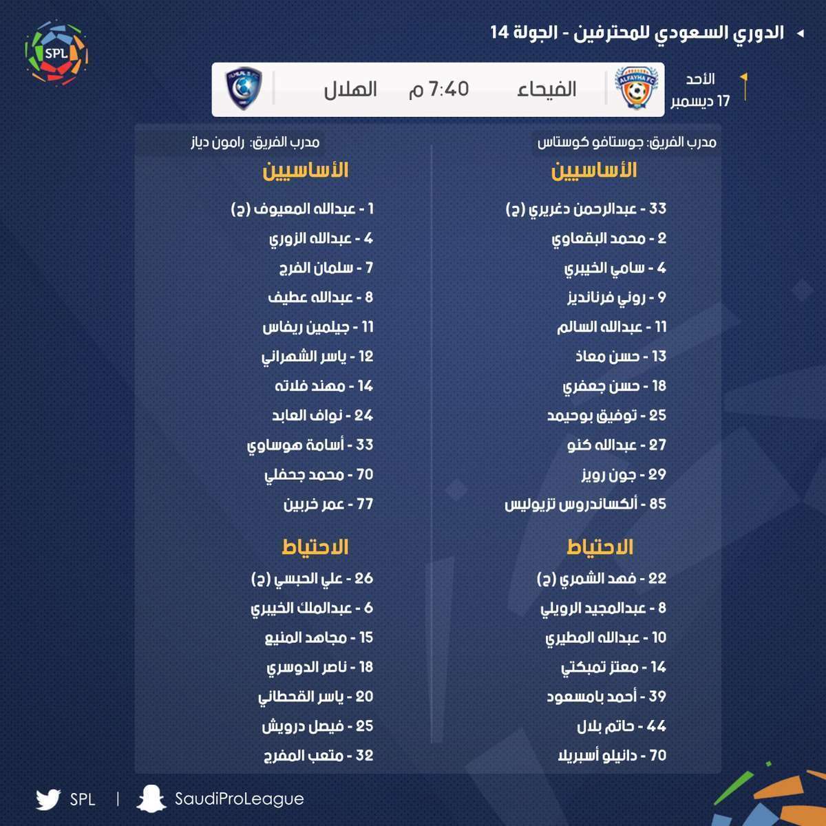 تشكيلة الهلال والفيحاء اليوم