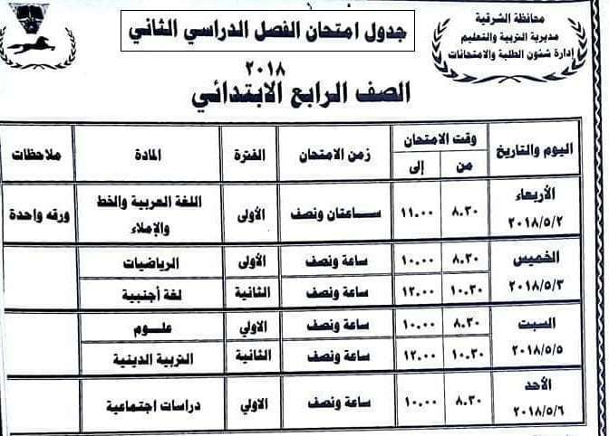 جدول امتحانات محافظة الشرقية