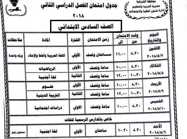 جدول امتحانات السادس الابتدائي