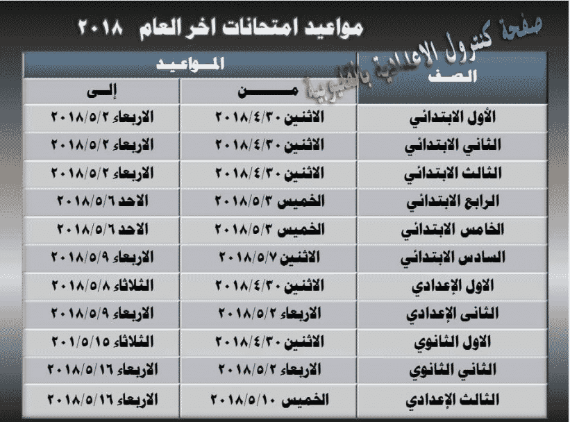 جدول امتحانات الفصل الدراسي الثاني 2018 