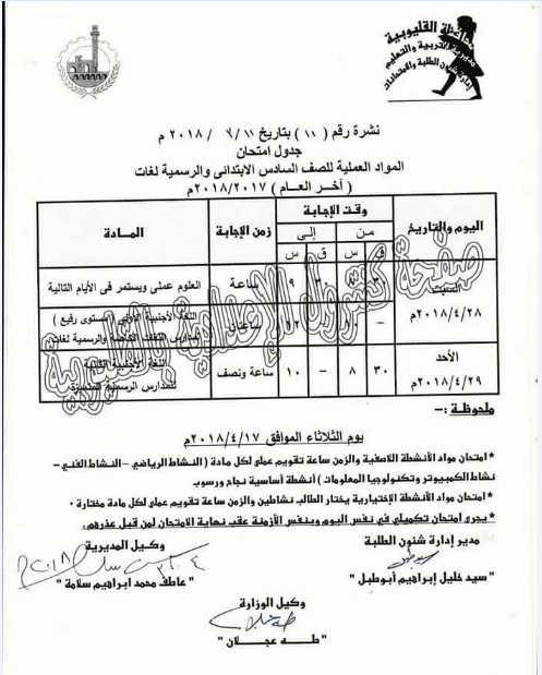 جدول امتحانات الصف السادس الإبتدائى الترم الثاني 2018 محافظة القليوبية