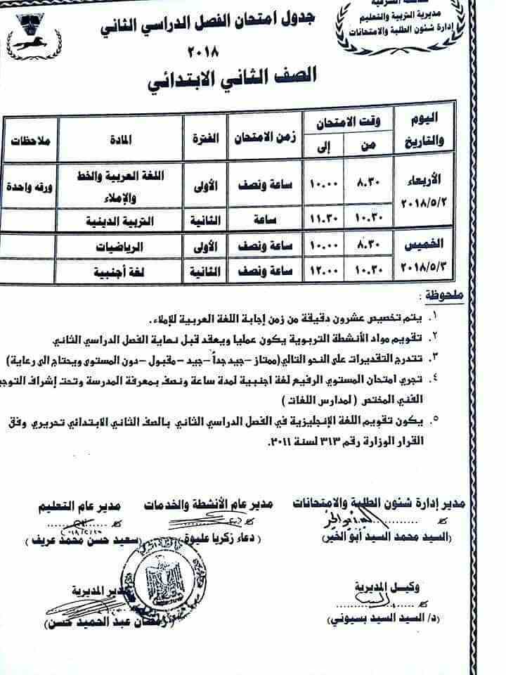 امتحانات الصف الثاني الابتدائي بالشرقية