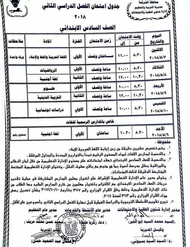 جدول امتحانات الصف السادس الابتدائي بالشرقية الترم الثاني 2018