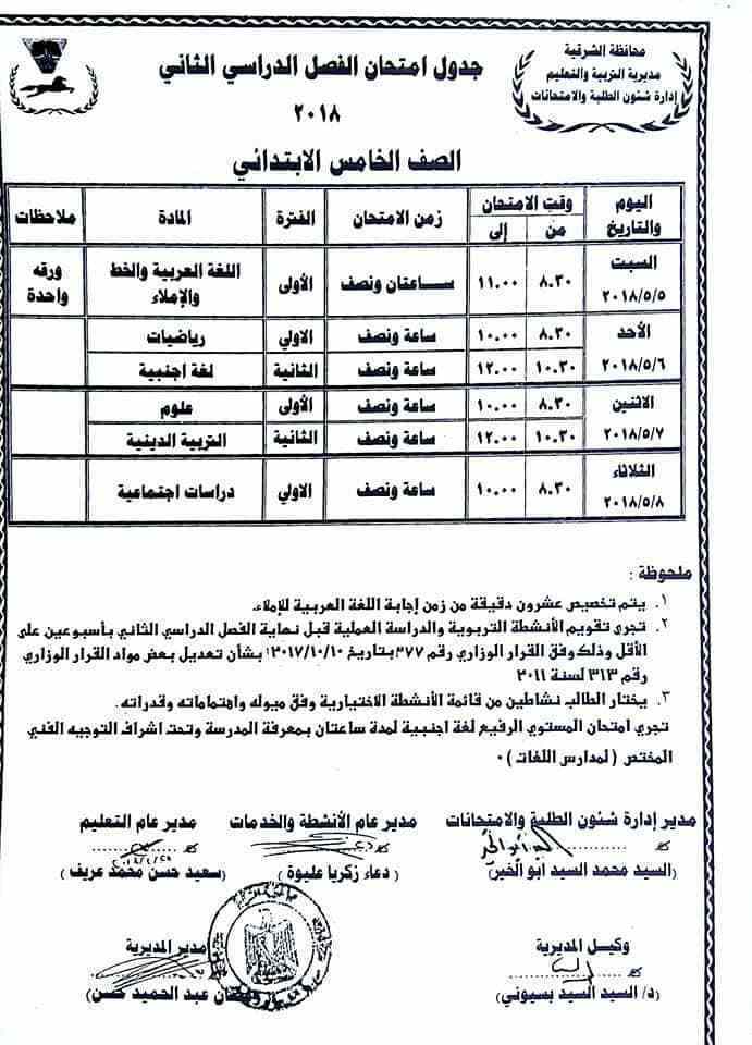 جدول امتحانات الصف الخامس الابتدائي بالشرقية الترم الثاني 2018