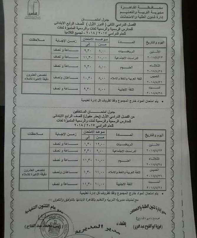 جدول امتحانات الصف الرابع الابتدائى