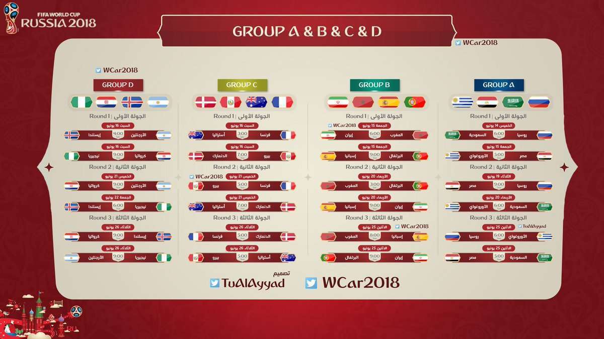 جدول مباريات كأس العالم 2018 مونديال روسيا كاملاً