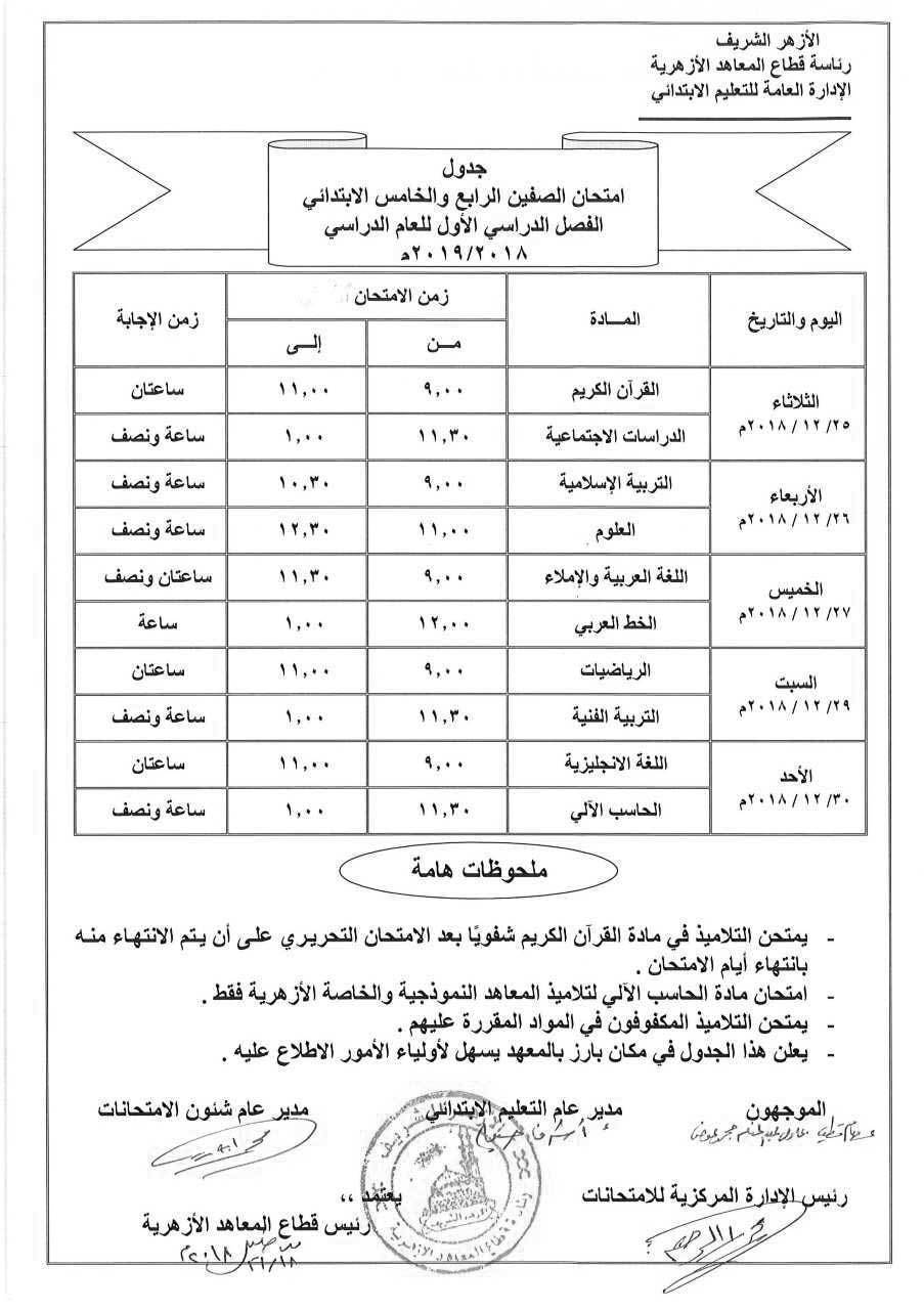 جدول امتحانات ألترم الأول للمعاهد ألأزهريه