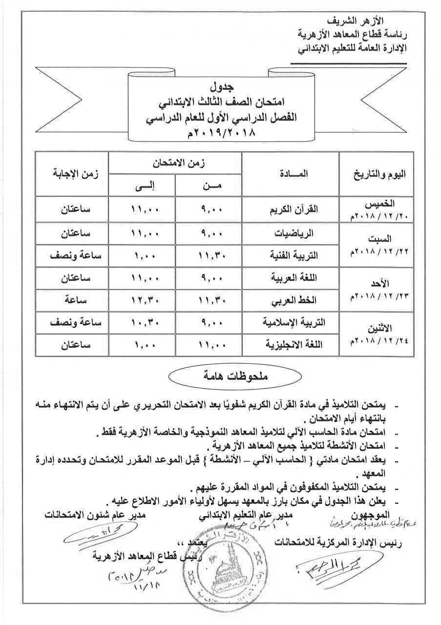 جدول امتحانات ألترم الأول للمعاهد ألأزهريه