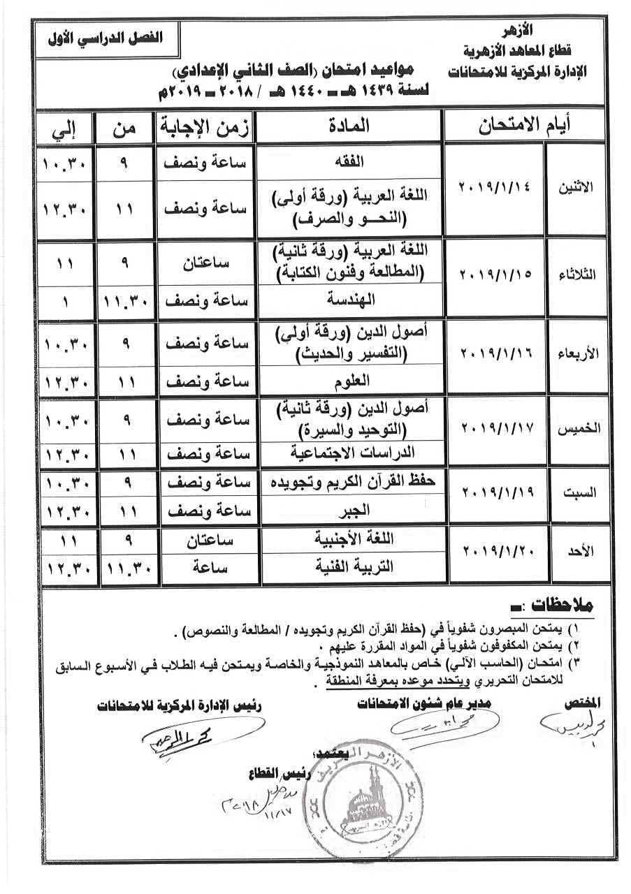 جدول امتحانات ألترم الأول للمعاهد ألأزهريه