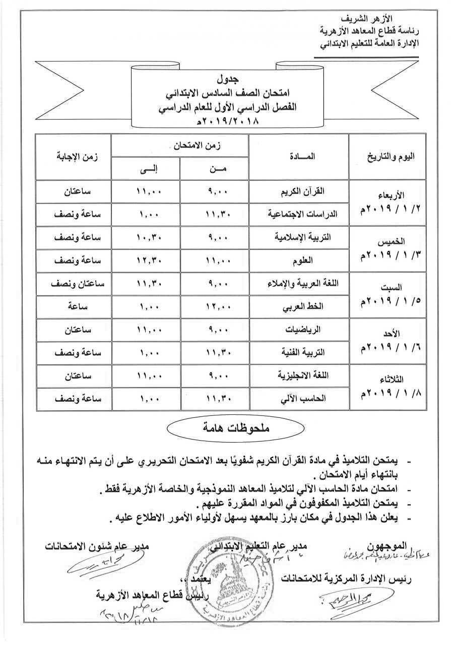 جدول امتحانات ألترم الأول للمعاهد ألأزهريه 