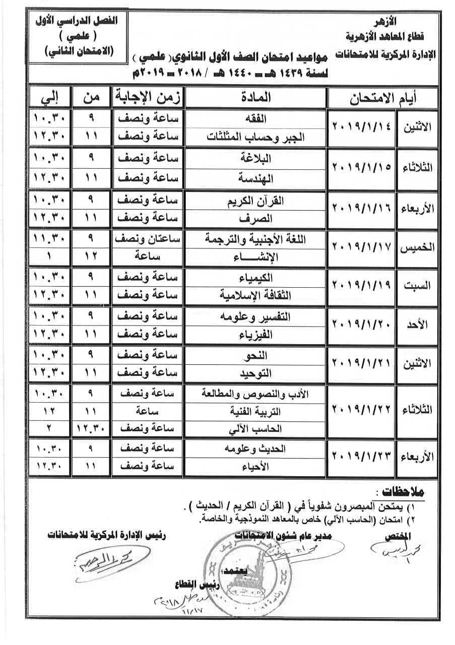 جدول امتحانات ألترم الأول للمعاهد ألأزهريه