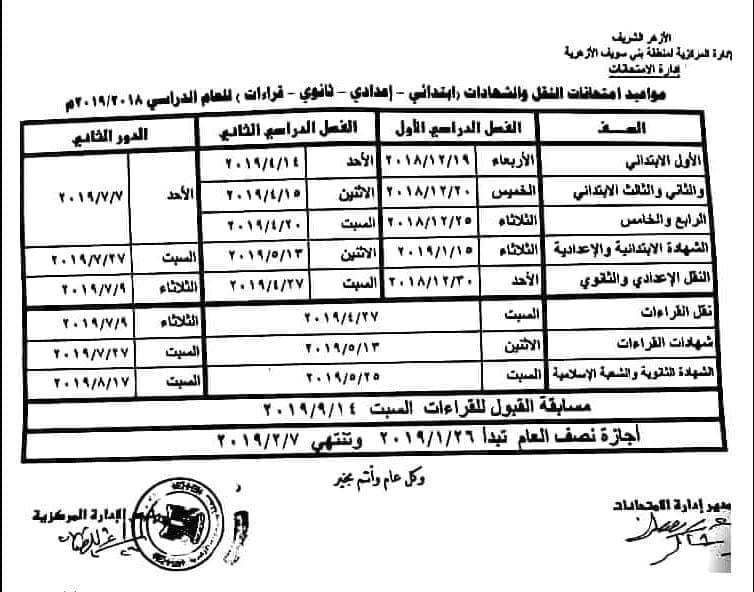 مواعيد امتحانات العام الدراسي 2019 بالأزهر الشريف