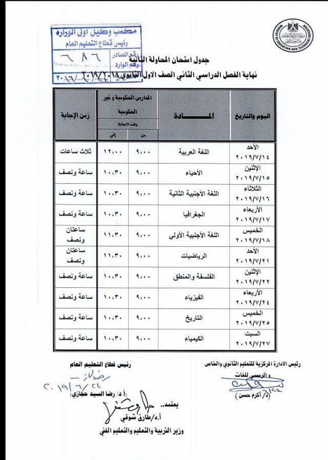 امتحانات الدور الثاني للصف الأول الثانوى 2019