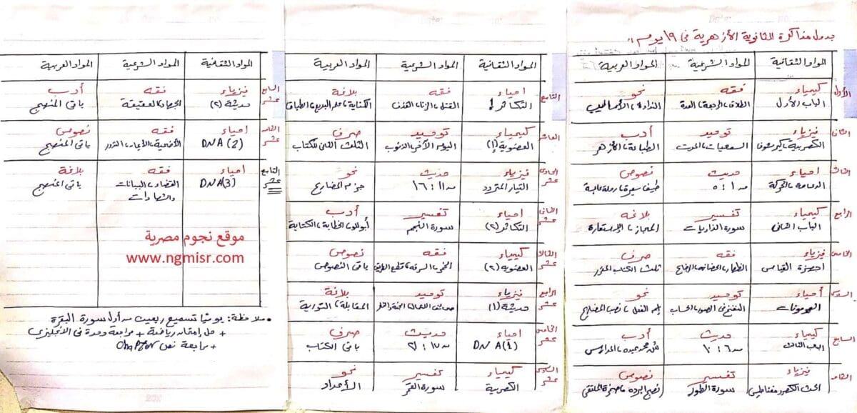 جدول مذاكرة مواد الصف الثالث الثانوية الازهري في 19 يوم فقط !