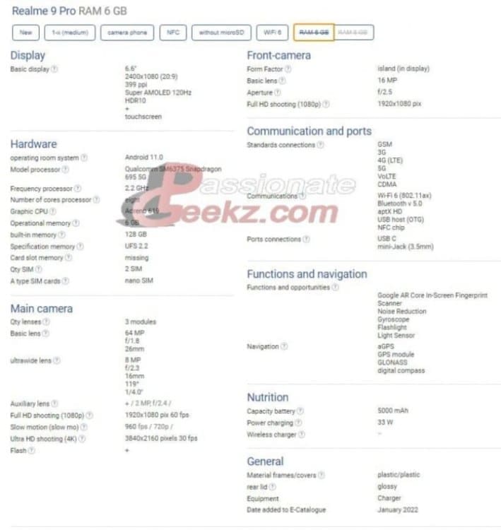 ظهور قائمة المواصفات التفصيلية لهاتف Realme 9 Pro على الإنترنت قبل الإطلاق