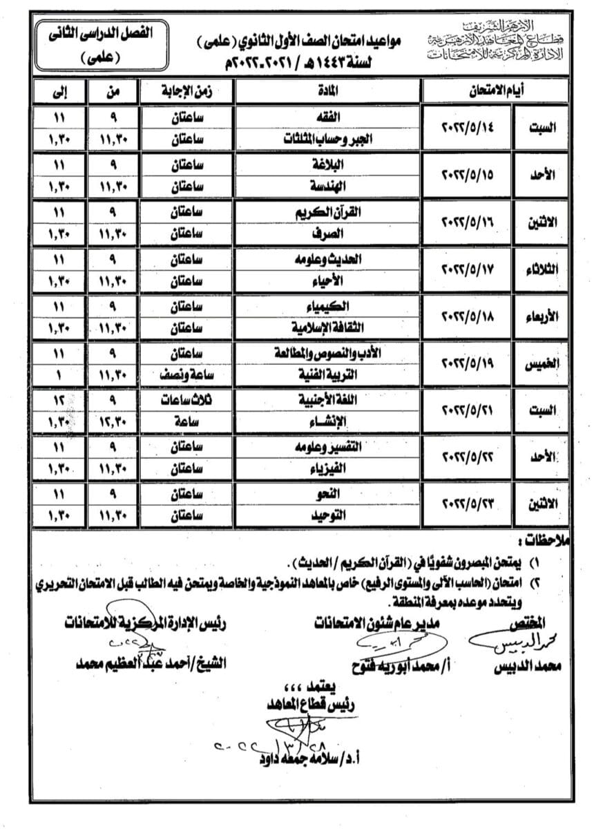 جدول أولي ثانوي علمي ترم ثاني 2022