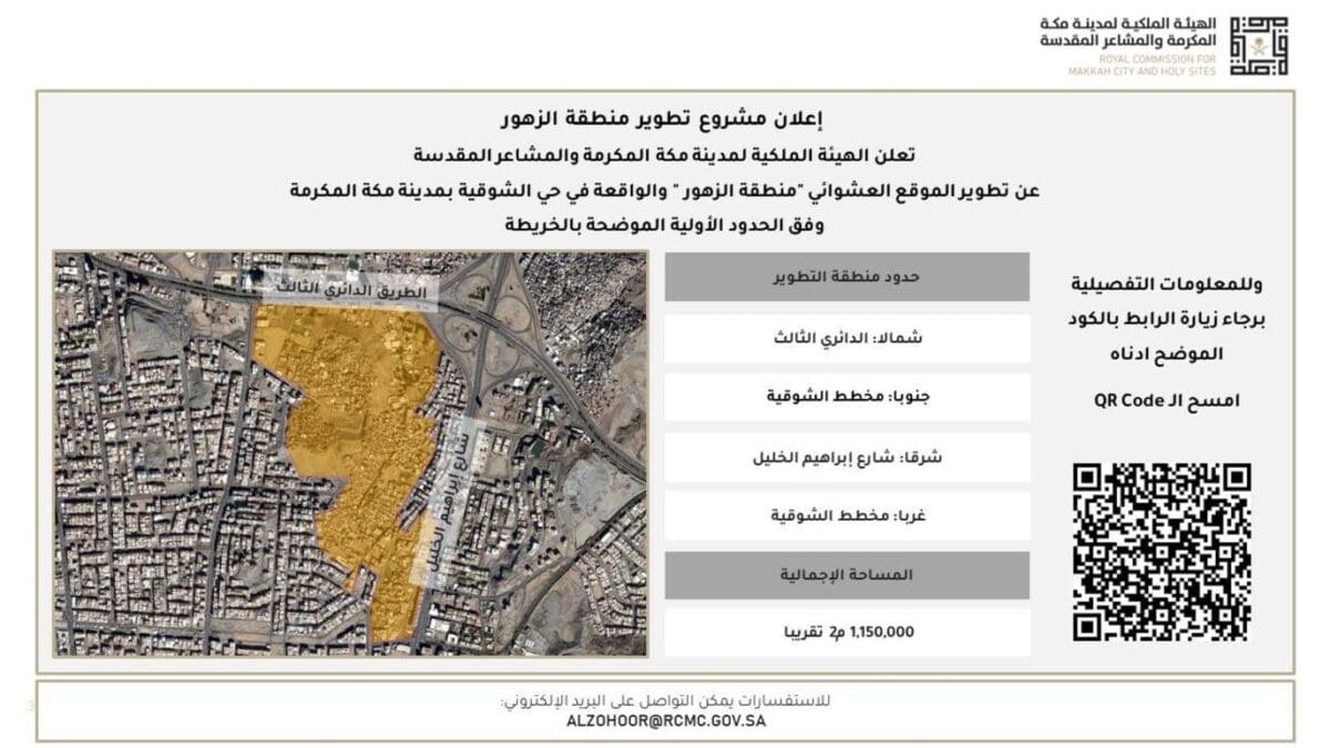 الهيئة الملكية لمكة والمشاعر تعلن تطوير الموقع العشوائي في منطقة الزهور