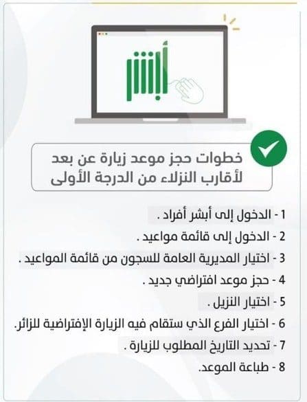 خطوات حجز موعد زيارة النزلاء عن بعد