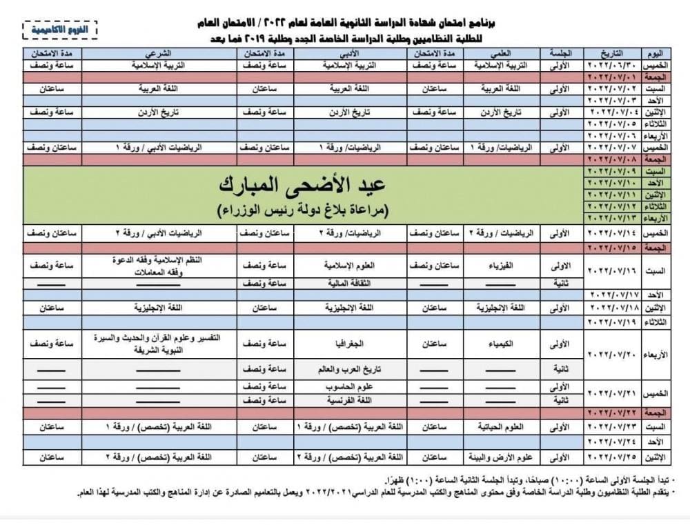 جدول امتحانات توجيهي الأردن