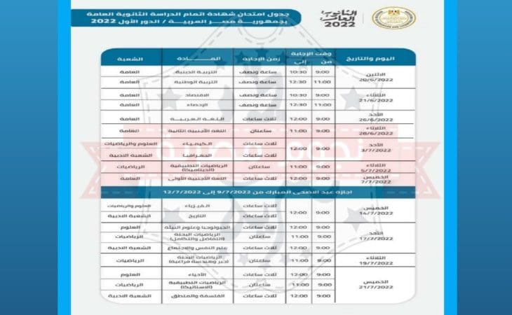 جدول امتحانات الصف الثالث الثانوي 2022