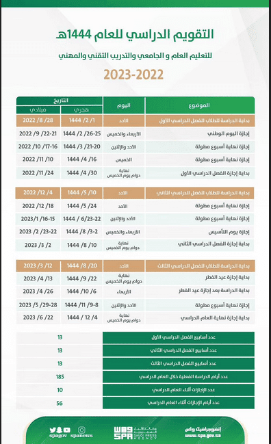 التقويم الدراسي 1444