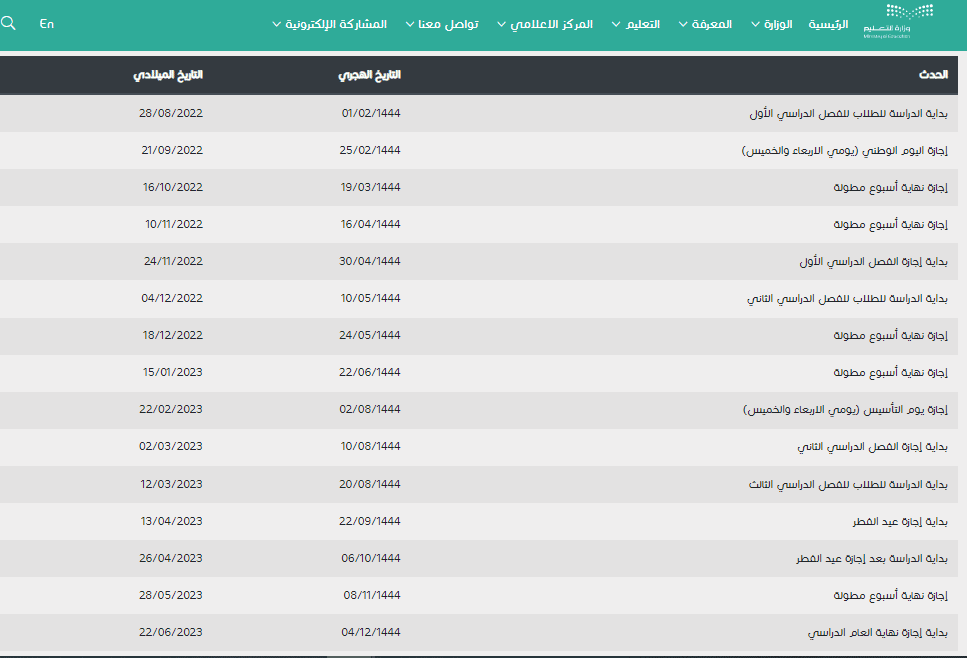 أيام هامة في التقويم الدراسي 1444 الجديد