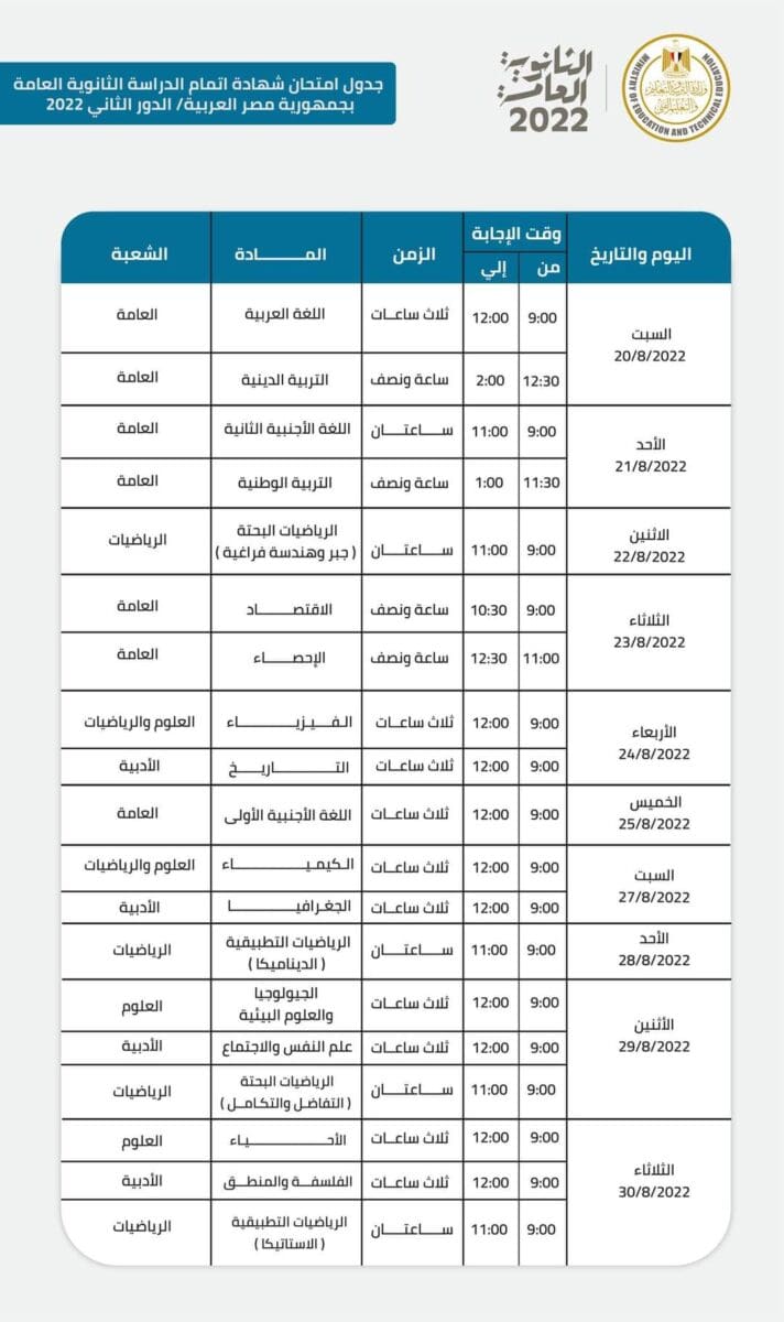 جدول الدور الثاني للثانوية العامة 