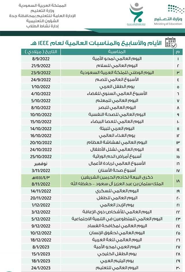 التقويم الدراسي للعام 1444 هـ للتعليم العام والجامعي والتدريب التقني والمهني