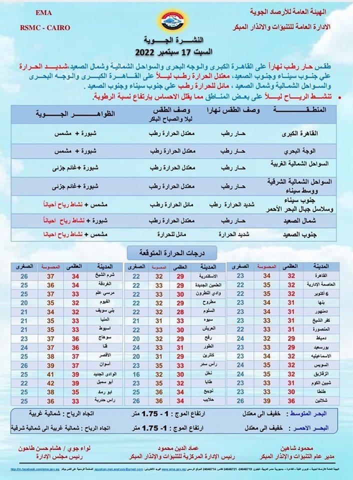 طقس السبت 17 سبتمبر