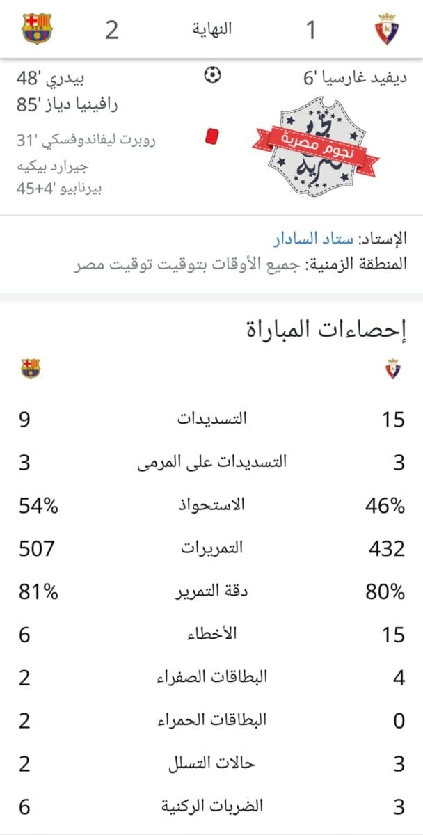 إحصائيات مباراة أوساسونا وبرشلونة كاملة