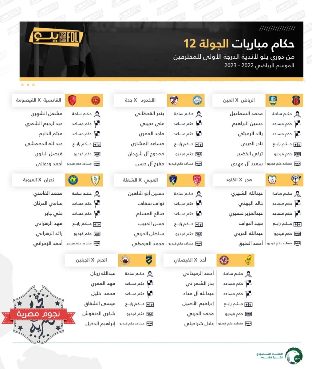 حكام مباريات الجولة الـ12 من دوري يلو السعودي لأندية الدرجة الأولى للمحترفين 2023