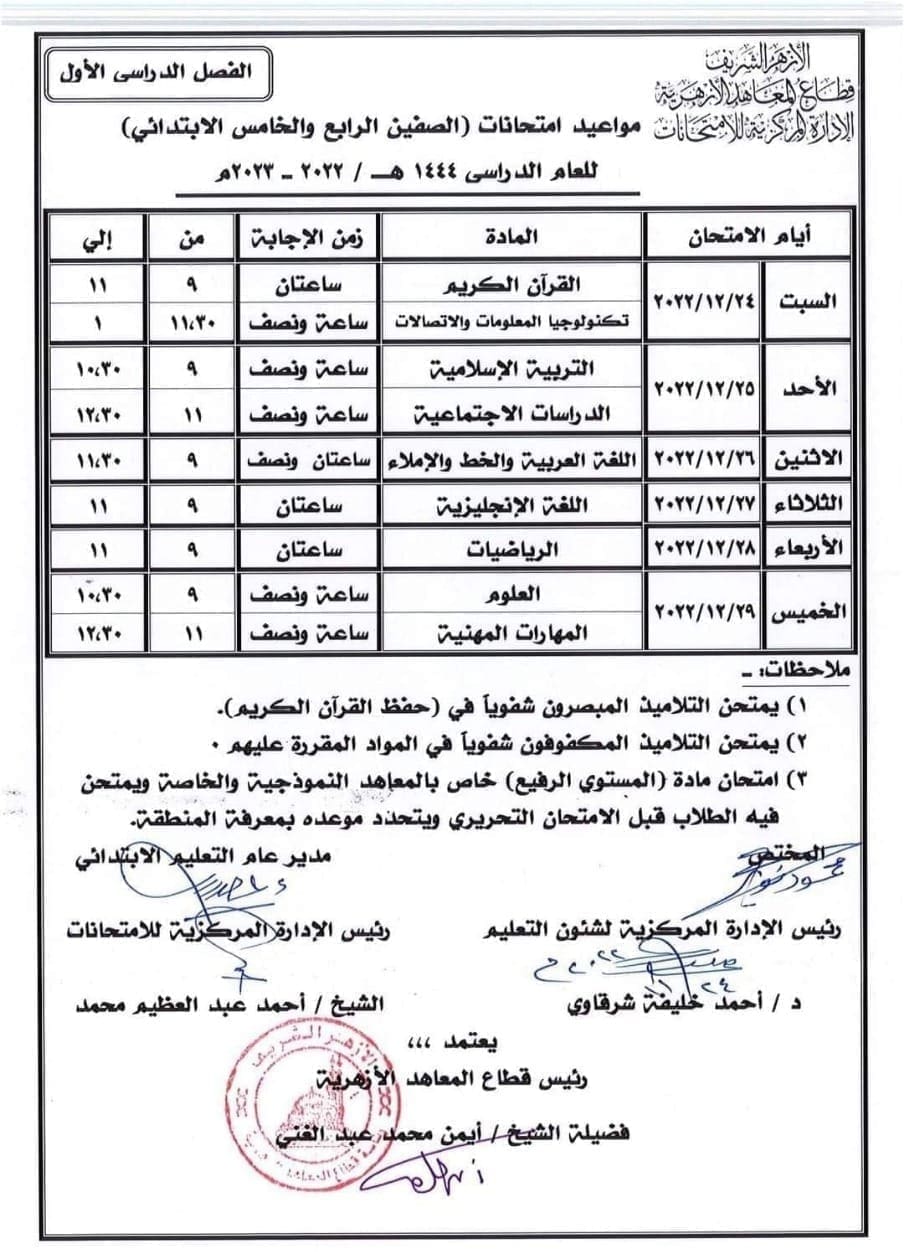 الأزهر الشريف: جدول امتحانات الدور الأول المرحلة الابتدائية للعام الدراسي 1444هـ / 2022-2023م 