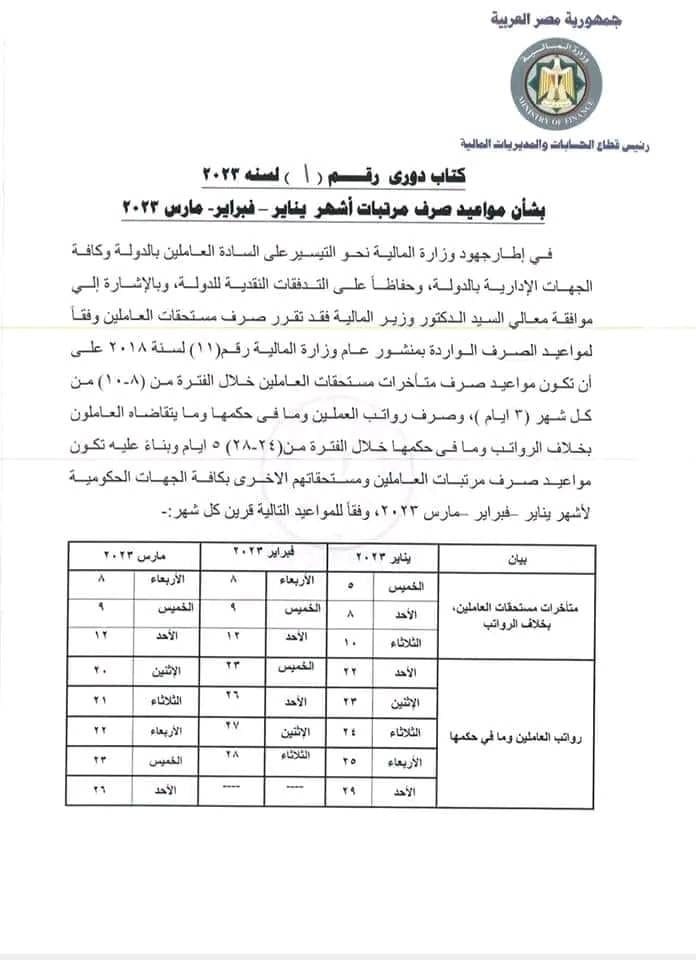 مواعيد صرف مرتبات أشهر يناير، فبراير، مارس لعام 2023م