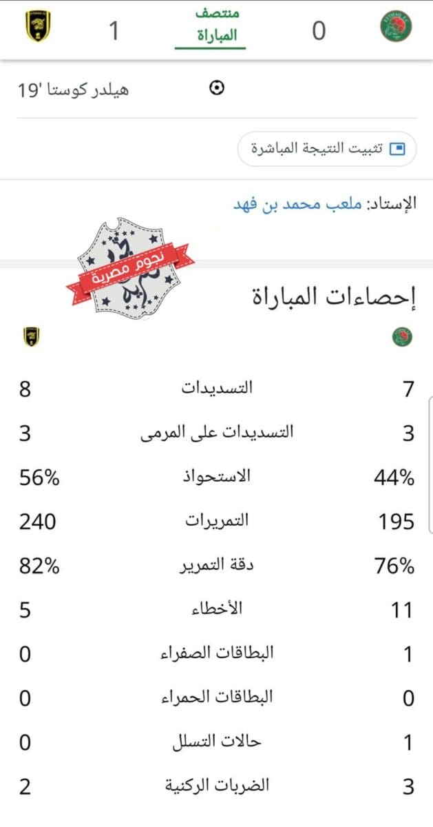 إحصائيات الشوط الأول من مباراة الاتفاق والاتحاد في الدوري السعودي