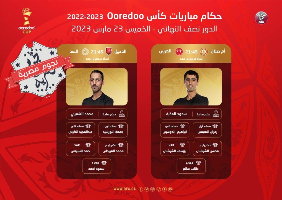 طاقم تحكيم مباريات دور نصف نهائي كأس نجوم قطر 2023 (كأس Ooredoo)