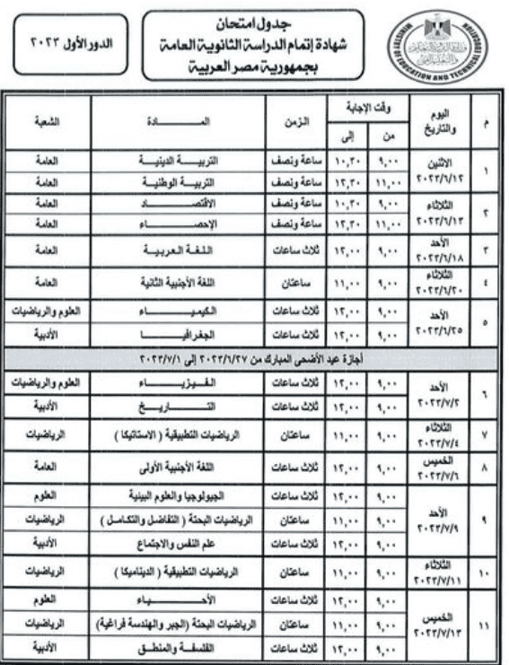 رسميا جدول امتحانات الثانوية العامة 2023