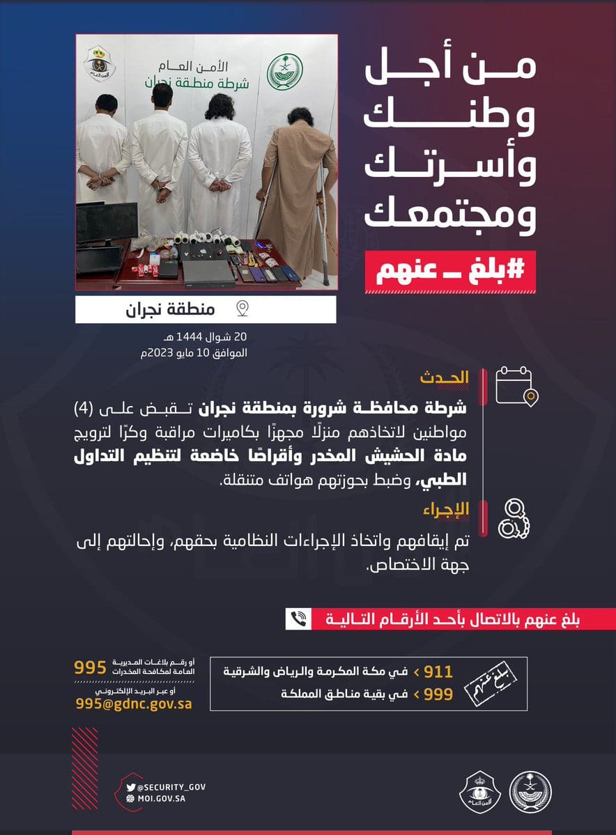 القبض على 4 مواطنين بمحافظة شرورة