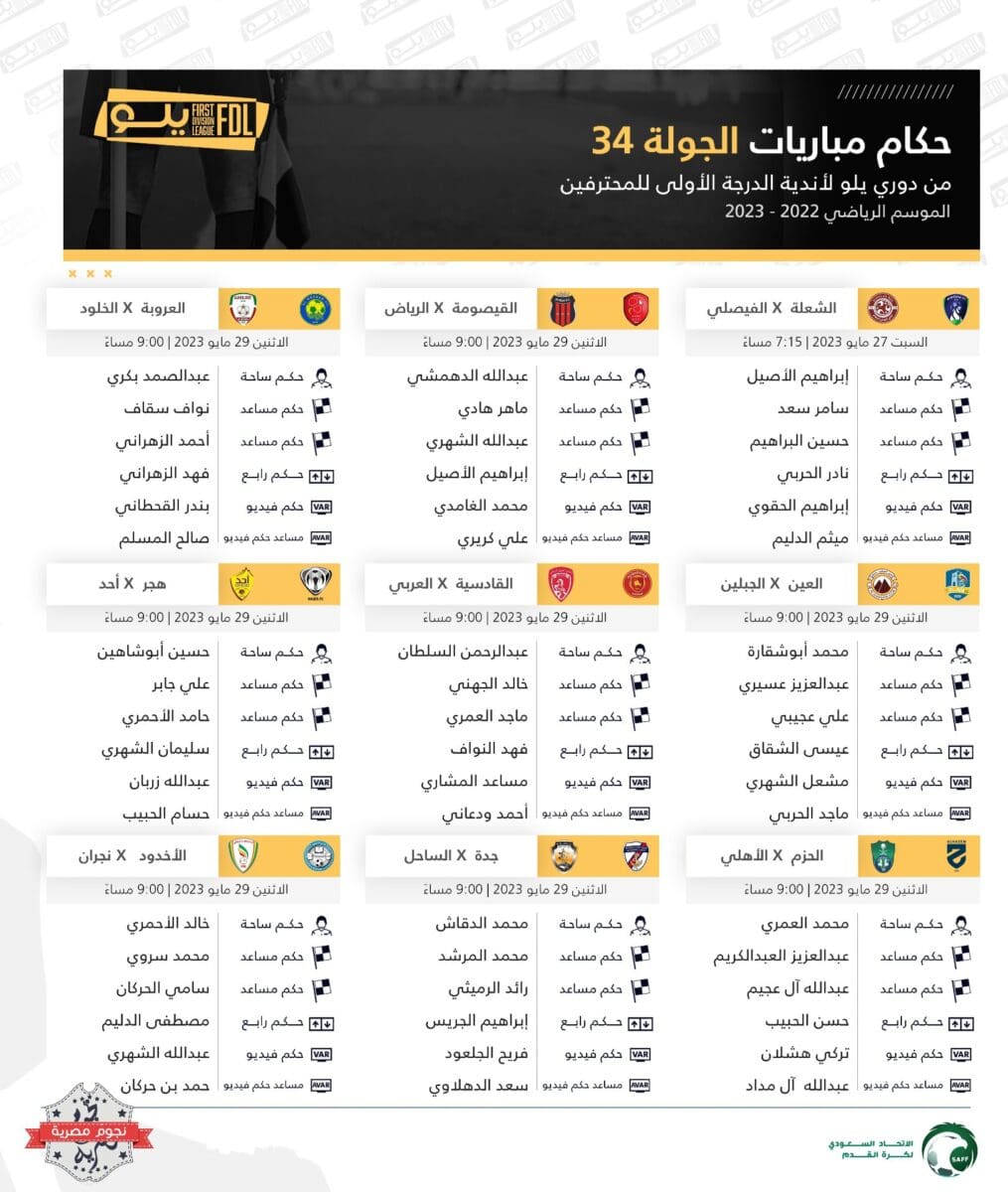 طاقم حكام مباريات الجولة 34 والأخيرة من دوري يلو الدرجة الأولى السعودي