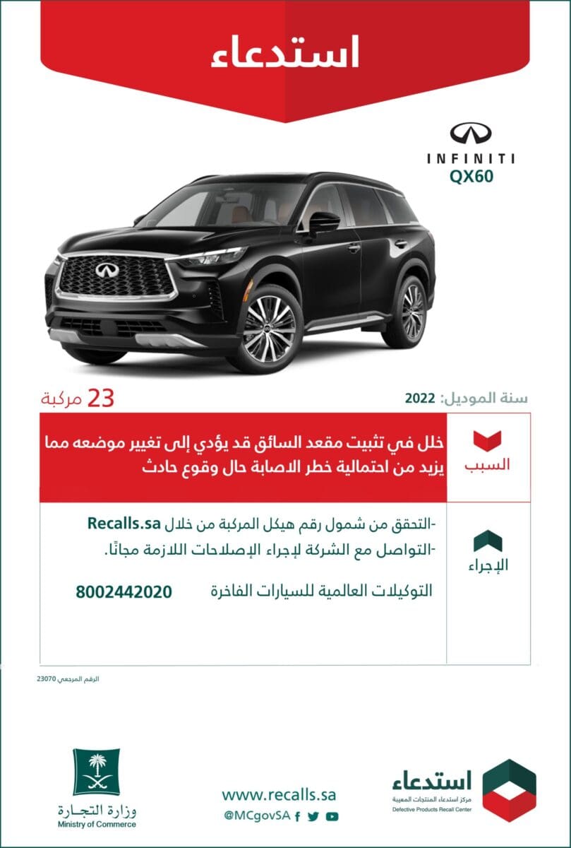 التجارة: استدعاء 57 مركبة من أنواع نيسان "Pathfinder" وانفينيتي "QX60"