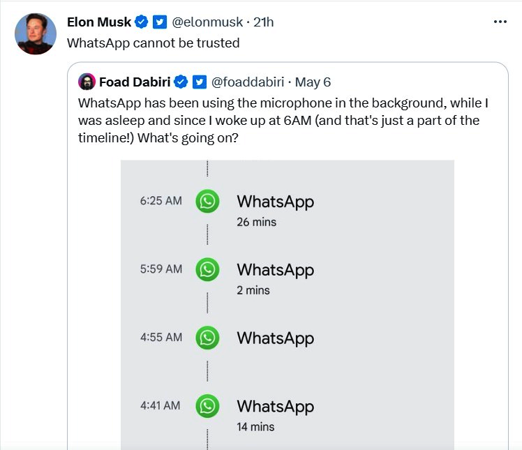 واتساب ترد على ماسك بشأن التنصت على المستخدمين: الاتصالات محمية عن طريق التشفير التام