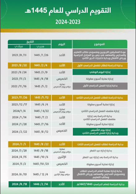 التقويم الدراسي الجديد لعام 1445هـ