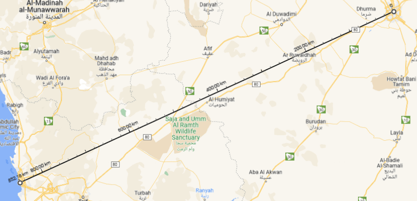 خريطة جوجل توضح المسافة بين الرياض وجدة واسرع طريق للوصول بين المدينتين