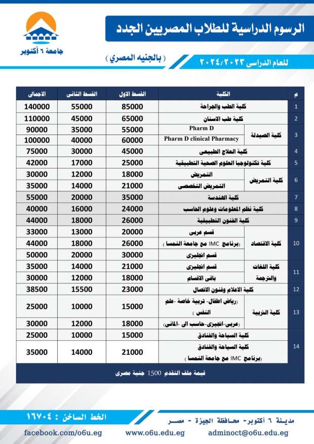 مصاريف جامعة 6 أكتوبر
