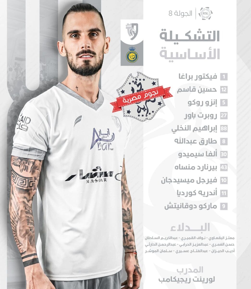 قائمة الطائي ضد النصر في دوري روشن (مصدر الصورة. حساب الحواتم تويتر)
