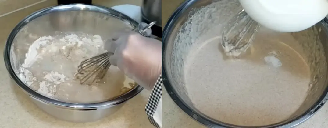 نضيف الماء إلى الدقيق ويمزح حتى نحصل على قوام متوسط