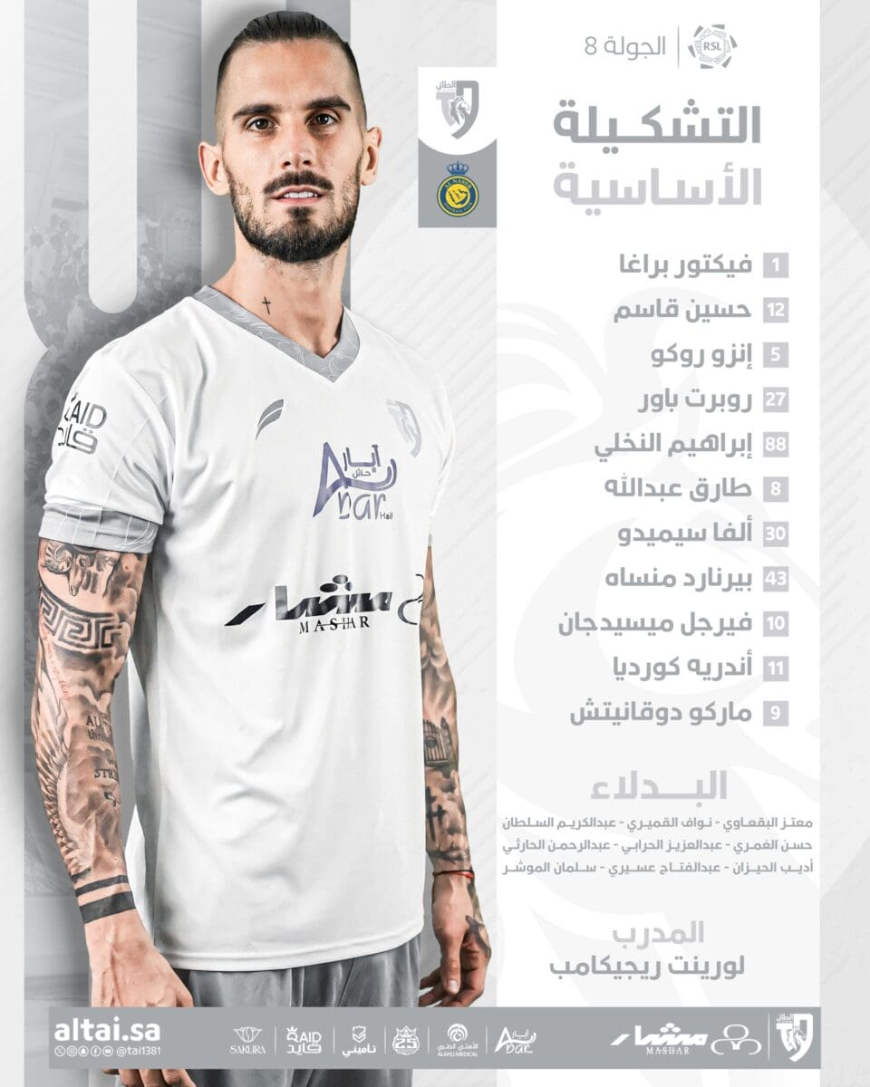 تشكيلة الطائي لمواجهة النصر - مصدر الصورة: حساب الطائي على تويتر
